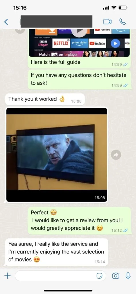 Screenshot of WhatsApp customer activation.