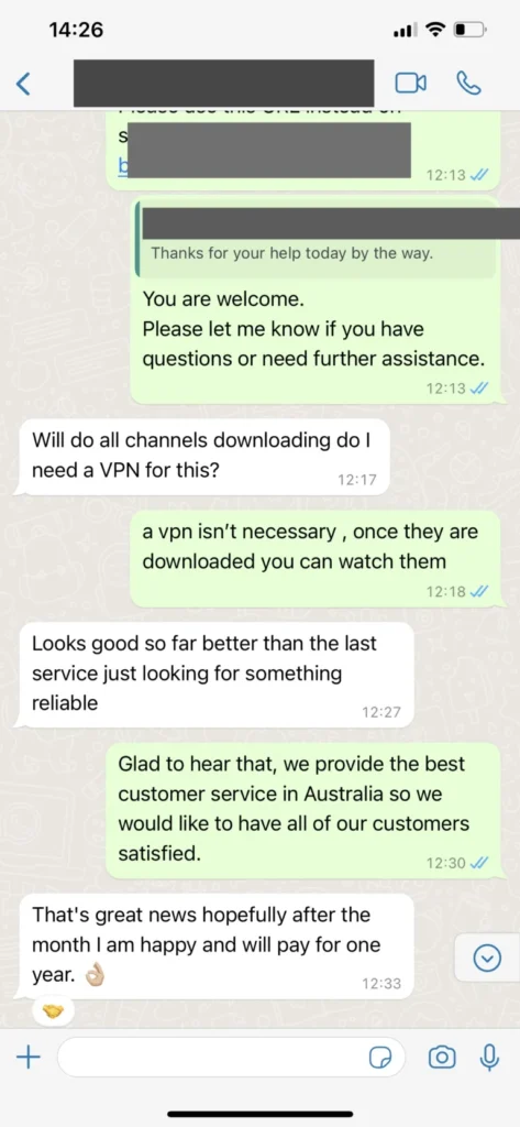WhatsApp confirmation of subscription renewal.