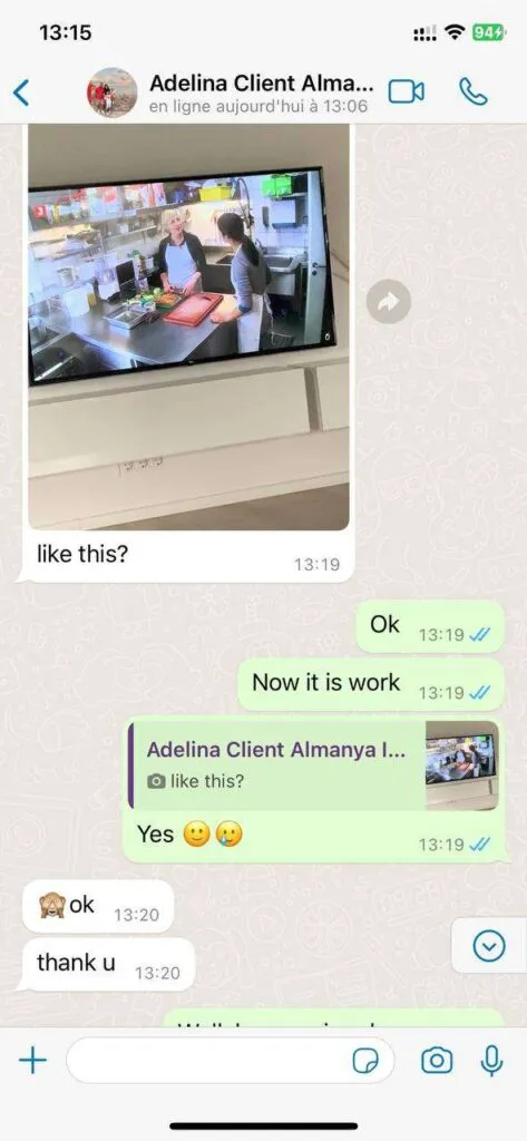 WhatsApp conversation showing fast technical support.